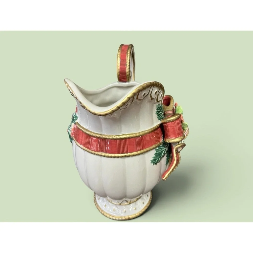 Fitz & Floyd Classics Christmas Deer Bow Bells Serving Pitcher Vase Bells Ribbon